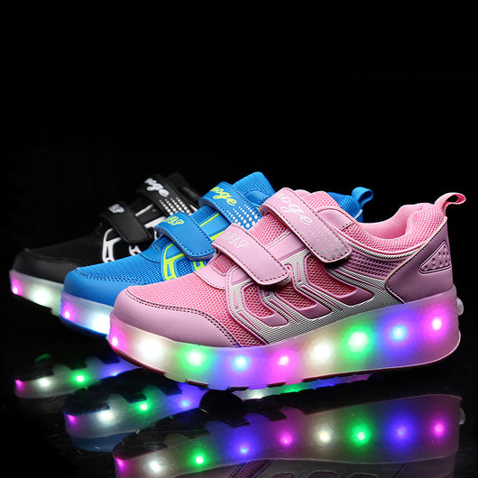 Blue and lime green girls' roller skates with light-up soles and retractable heel wheels. - Image 7