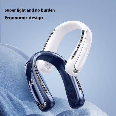 Light blue U-shaped neck fan with a digital display showing 100% charge and multiple air vents.