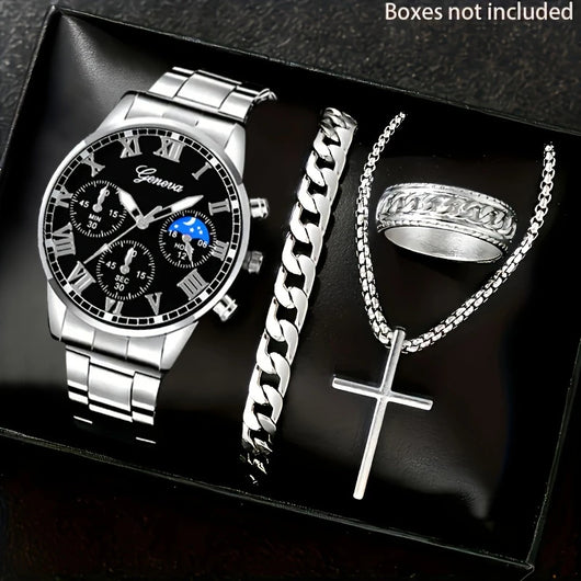 Conjunto de 4 Piezas: Reloj Collar, Pulsera y Anillo de Cuarzo para Hombre - Image 3