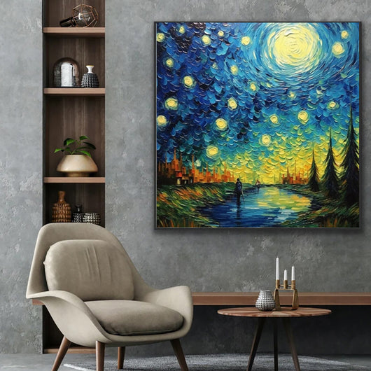 Cuadro Abstracto Cielo Estrellado - Pintura al Óleo Moderna Hecha a Mano para Sala de Estar