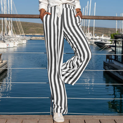 Pantalones de Lino y Algodón a Rayas para Mujer - Blanco Roto Casual - Image 3