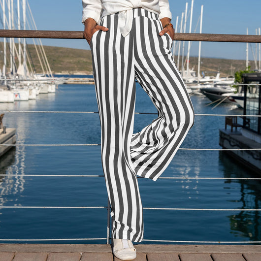Pantalones de Lino y Algodón a Rayas para Mujer - Blanco Roto Casual - Image 3