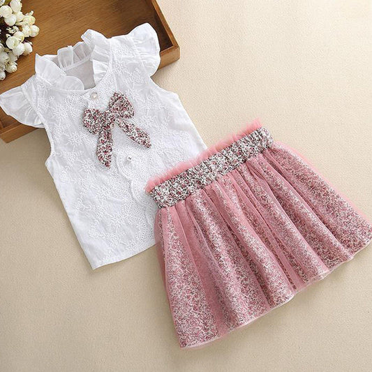 Conjunto de Verano para Niñas con Flores - Blusa Corta y Falda Coordinada