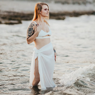 Women's navy blue chiffon sarong, long and flowing, draped over a model's arm against a white background. - Image 4