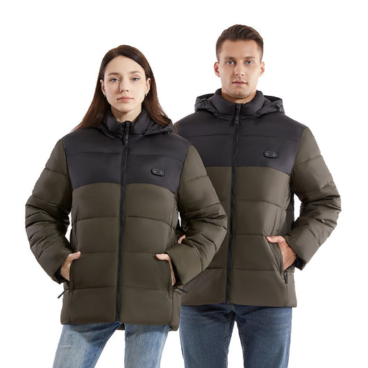 Man and woman modeling black smart heating puffer jackets with hoods, zippered pockets, and horizontal quilting. - Image 6