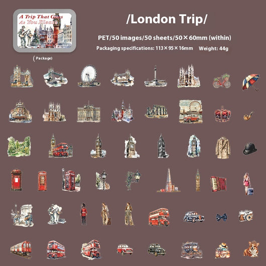 Set of 50 PET stickers featuring watercolor illustrations of a Greece tour, including buildings, landscapes, and food. - Image 8