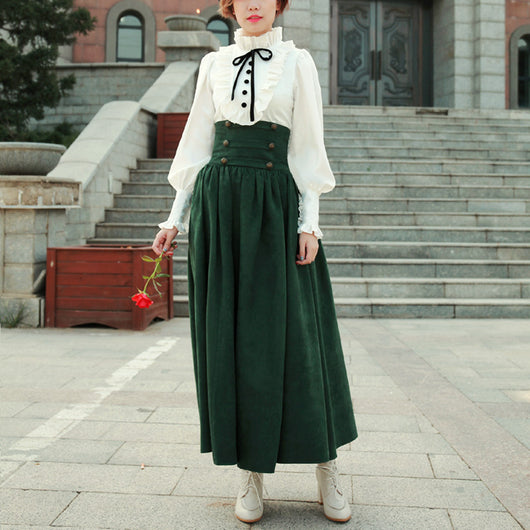 Conjunto Retro: Blusa Blanca con Mangas Linterna y Falda Verde Cintura Alta - Image 17