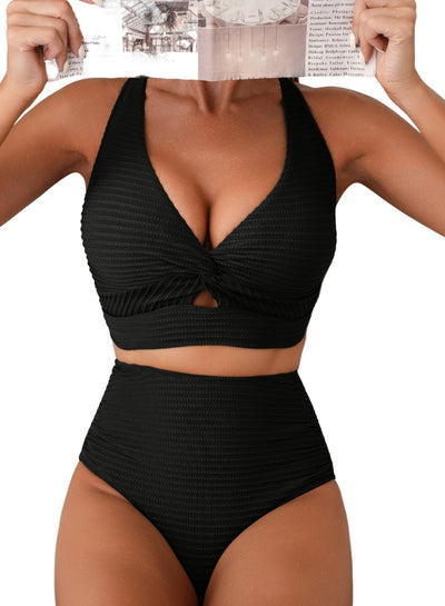 Women's teal ribbed two-piece swimsuit featuring a halter neck top with twisted front and high-waisted bottoms. - Image 7