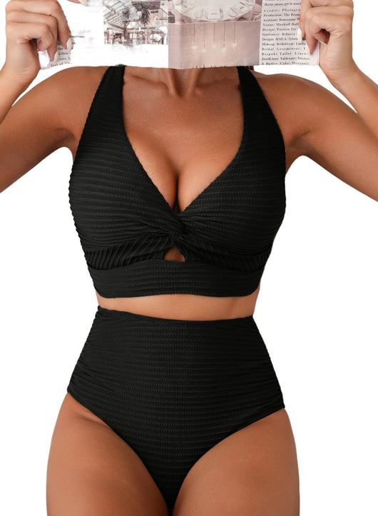 Women's teal ribbed two-piece swimsuit featuring a halter neck top with twisted front and high-waisted bottoms. - Image 7