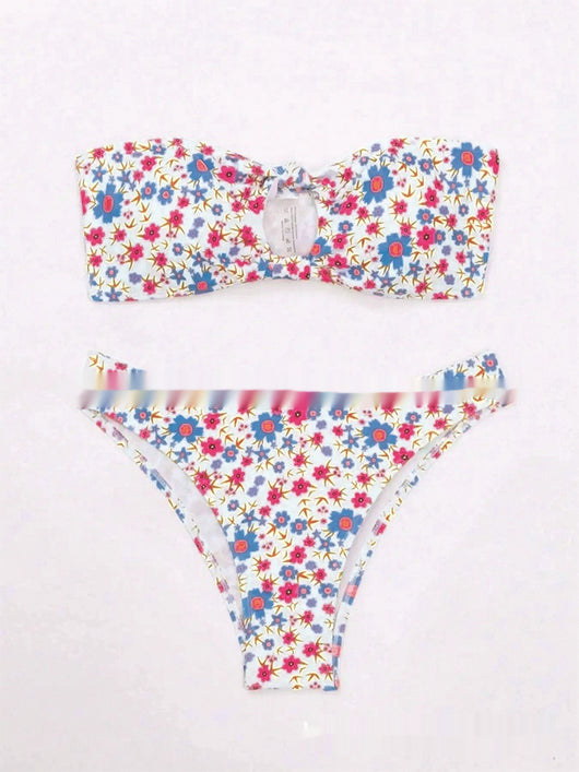 White floral print bandeau bikini with pink and blue flowers, featuring a front knot top and high-cut bottom. - Image 14