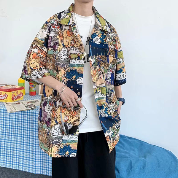 Camisa Suelta Estilo Hong Kong con Estampado Integral