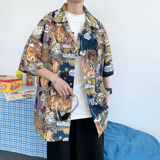 Camisa Suelta Estilo Hong Kong con Estampado Integral