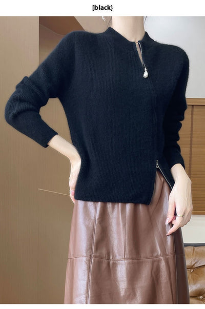 Cardigan Tejido Mujer Cuello Redondo Cremallera Oblicua Ajustado - Image 8