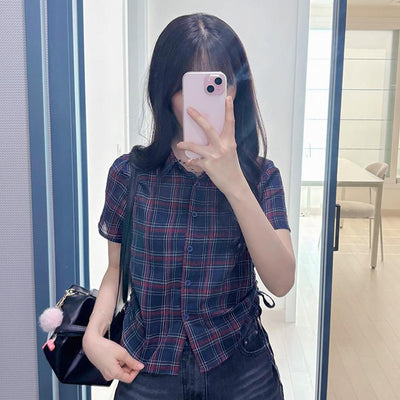 Camisa Cuadrille Retro con Pliegues Elegantes y Manga Corta - Image 12