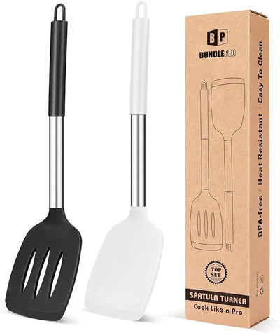 Pack of 2 Silicone Solid Turner, Non Stick Slotted Kitchen Spatulas, High Heat Resistant BPA Free Cooking Utensils, Ideal Cookware for Fish, Eggs, Pancakes(Black) - Tekeno