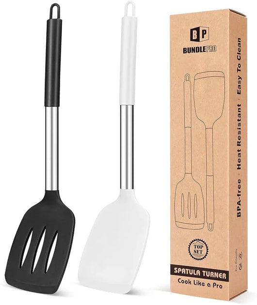 Pack of 2 Silicone Solid Turner, Non Stick Slotted Kitchen Spatulas, High Heat Resistant BPA Free Cooking Utensils, Ideal Cookware for Fish, Eggs, Pancakes(Black) - Tekeno