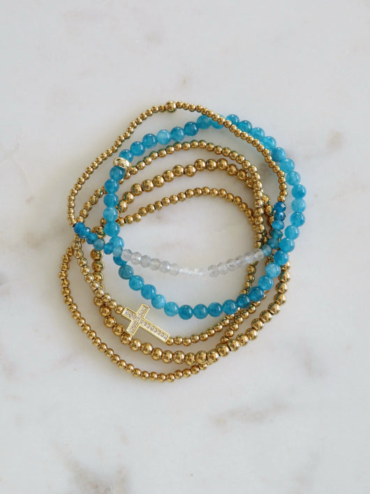 Holy Cross Blue Beaded Bracelet Stack - Set of 5 Waterproof Non-Tarnish