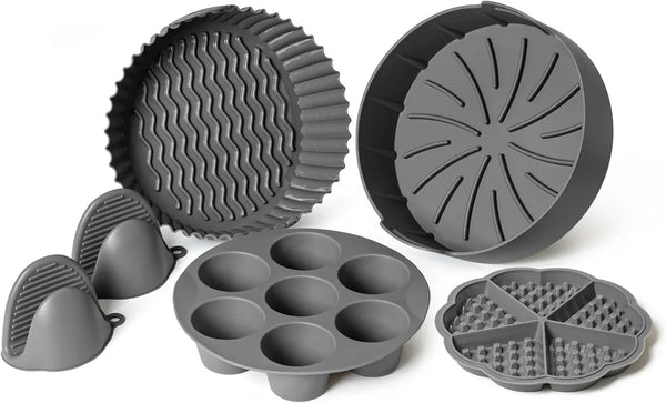Silicone Air Fryer Liners Set of 5 – Reusable Air Fryer Liners Silicone with Egg Bite Mold, Oven Mitts – Fits 3–5 Qt Non-Stick, Food-Grade, Heat-Resistant - Tekeno
