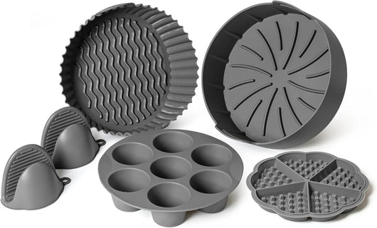 Silicone Air Fryer Liners Set of 5 – Reusable Air Fryer Liners Silicone with Egg Bite Mold, Oven Mitts – Fits 3–5 Qt Non-Stick, Food-Grade, Heat-Resistant - Tekeno