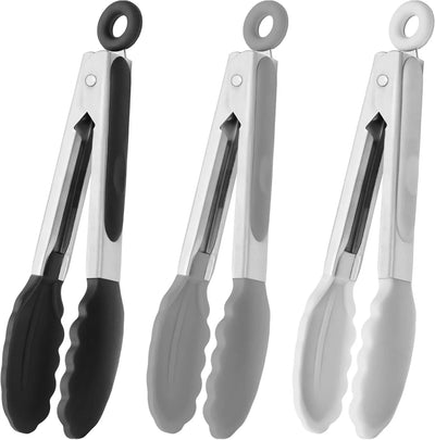 Small Silicone Tongs 7-Inch Mini Serving Tongs, Set of 3 (Black Gray White) - Tekeno