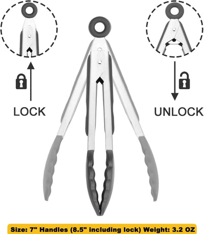 Small Silicone Tongs 7-Inch Mini Serving Tongs, Set of 3 (Black Gray White) - Tekeno