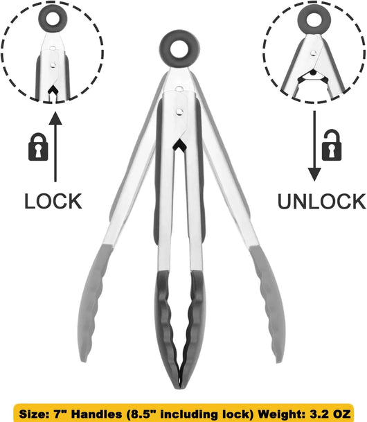 Small Silicone Tongs 7-Inch Mini Serving Tongs, Set of 3 (Black Gray White) - Tekeno