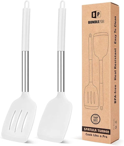 Pack of 2 Silicone Solid Turner, Non Stick Slotted Kitchen Spatulas, High Heat Resistant BPA Free Cooking Utensils, Ideal Cookware for Fish, Eggs, Pancakes(Black) - Tekeno