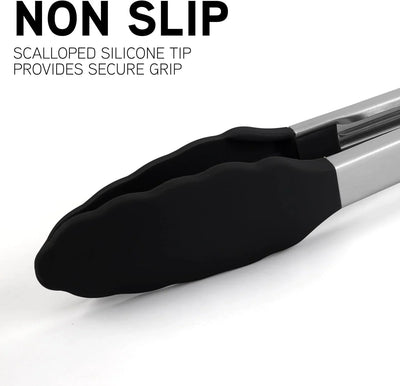 Stainless Steel Silicone Tipped Kitchen & BBQ Tongs Set, 3 Pc. Tongs, Black - Tekeno