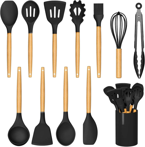 Silicone Cooking Utensils Set for Kitchen, Spoons Spatula Spatulas Accessories, Baking Heat Resistant Cookware De Home, Rubber New Apartment Decor, Plastic Nonstick Turner Tool (Black) - Tekeno