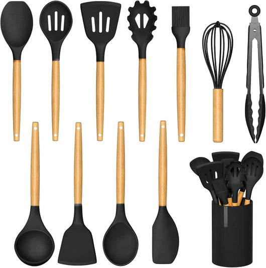 Silicone Cooking Utensils Set for Kitchen, Spoons Spatula Spatulas Accessories, Baking Heat Resistant Cookware De Home, Rubber New Apartment Decor, Plastic Nonstick Turner Tool (Black) - Tekeno