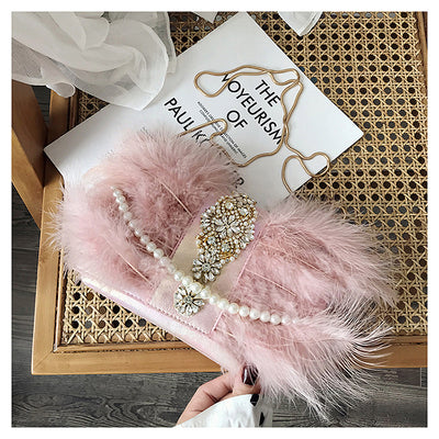 Bolso de Noche Elegante con Plumas de Avestruz y Cadena de Perlas - Image 24