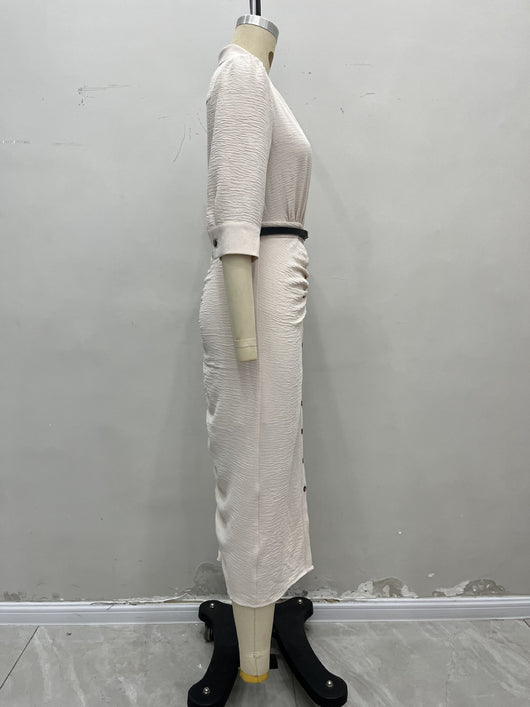 Vestido Camisero Plisado con Cinturón - Manga Corta - Image 7