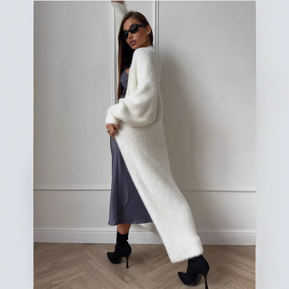 Cardigan de Imitación de Visón Blanco Suelto para Mujer