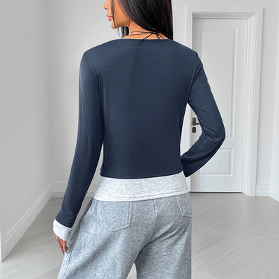 Blusa Casual Cuello Redondo Ajustada Manga Larga Efecto Dos Piezas para Mujer - Image 4