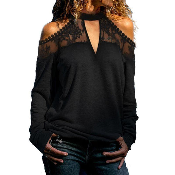 Blusa Suelta V-Neck con Drapeado de Encaje al Hombro