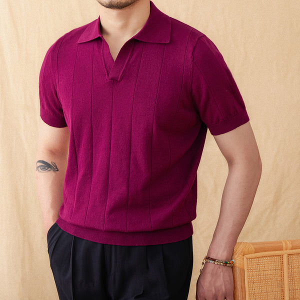 Polo de Algodón y Lino con Rayas Hundidas y Cuello Gaviota