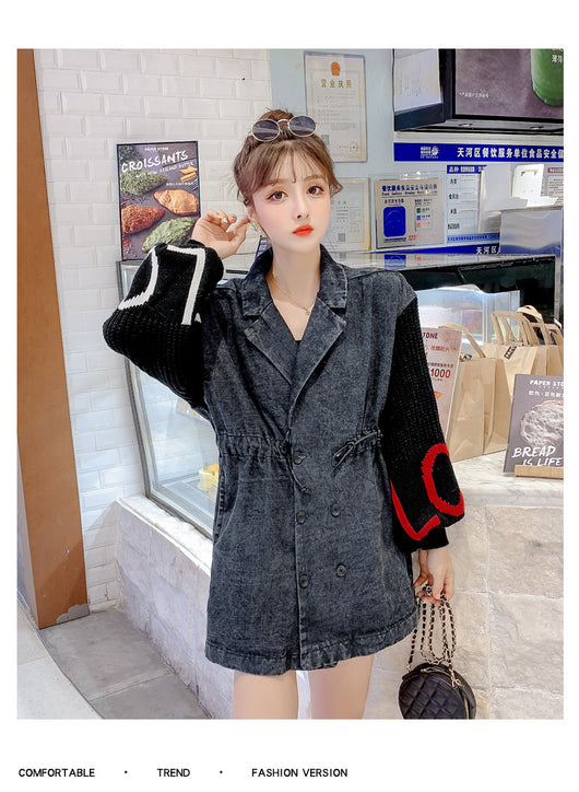 Chaqueta de mezclilla negra con mangas linterna tejidas con letras - Image 11