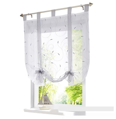 White sheer Roman window screen with red embroidered floral patterns and red ribbon ties, hanging from a silver rod. - Image 10