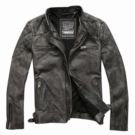 Chaqueta de Cuero con Cuello de Pie Efecto Desgastado para Hombre - Image 9