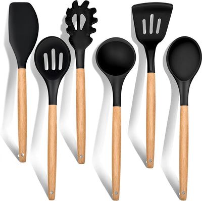 Cooking Utensils Set of 6, Silicone Kitchen Utensils with Wooden Handle, Non-Stick Cookware Friendly & Heat Resistant, Includes Spatula/Ladle/Slotted Turner/Serving Spoon/Spaghetti Server(Black) - Tekeno