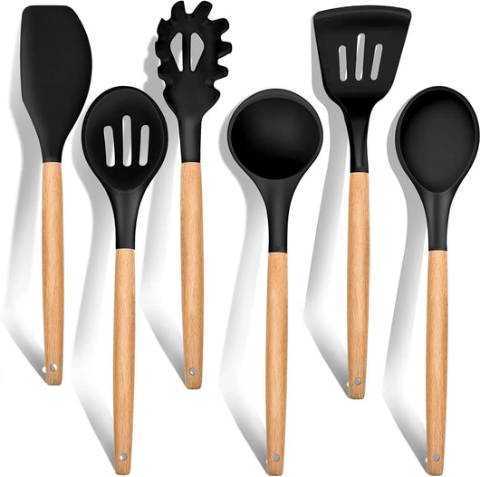 Cooking Utensils Set of 6, Silicone Kitchen Utensils with Wooden Handle, Non-Stick Cookware Friendly & Heat Resistant, Includes Spatula/Ladle/Slotted Turner/Serving Spoon/Spaghetti Server(Black) - Tekeno