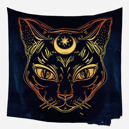 Golden crescent moon and woman silhouette tapestry with a floral crown against a dark blue starry background. - Image 53