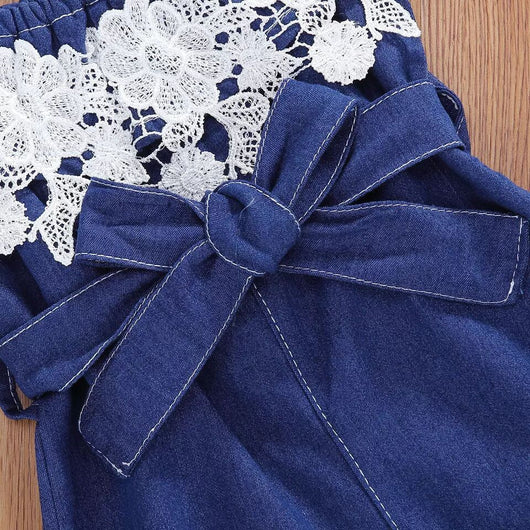 Enterizo Infantil Hombros Descubiertos con Volantes en Denim Azul - Image 4