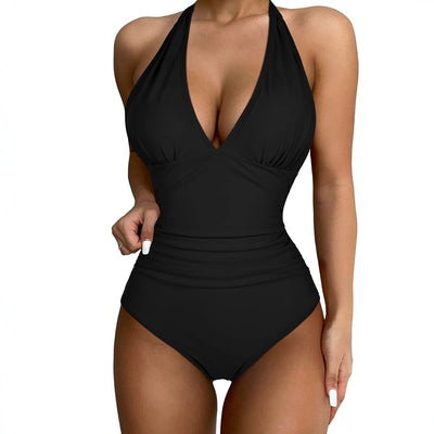 Black halter one-piece swimsuit with a deep V-neck and ruched detailing, designed for a slimming vacation look. - Image 3