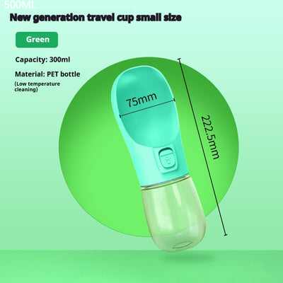 Pink portable pet water bottle with integrated feeder bowl, clear reservoir, and dispensing button for dogs. - Image 26