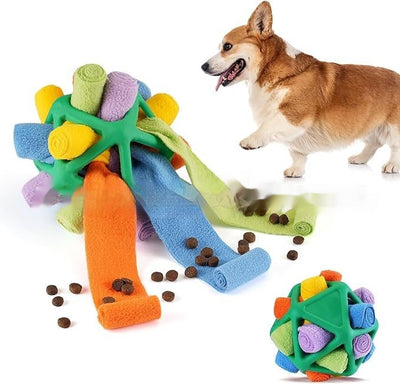 Colorful pet sniffing ball interactive toy with rolled fabric strips, shown with a corgi and scattered kibble. - Image 3