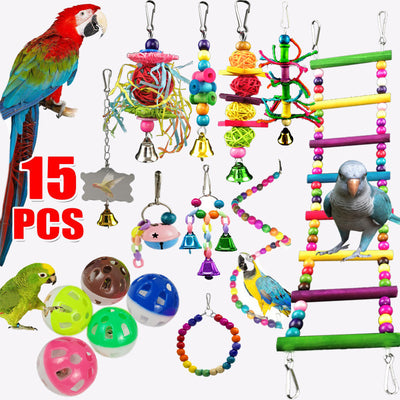 15-piece set of colorful wooden parrot toys including swings, ladders, chewing balls, and bells for birds. - Image 6