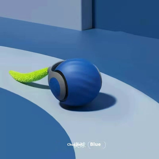 Blue and grey pet toy ball with a green textured tail for cats, shown on a blue background. - Image 9