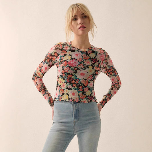 Blusa Elegante de Malla Floral Cuello Redondo Manga Larga Ajustada