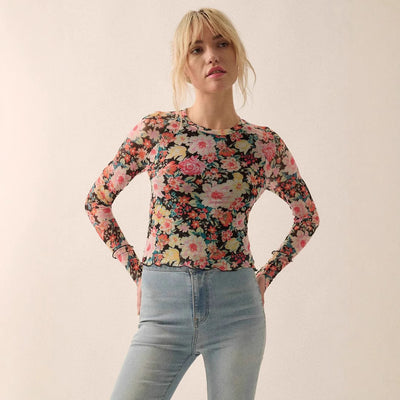 Blusa Elegante de Malla Floral Cuello Redondo Manga Larga Ajustada